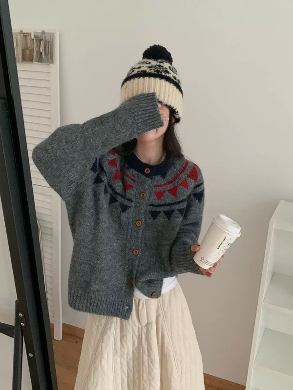 复古提花费尔岛圆领针织开衫女秋冬新款宽松慵懒软糯百搭毛衣外套|undefined