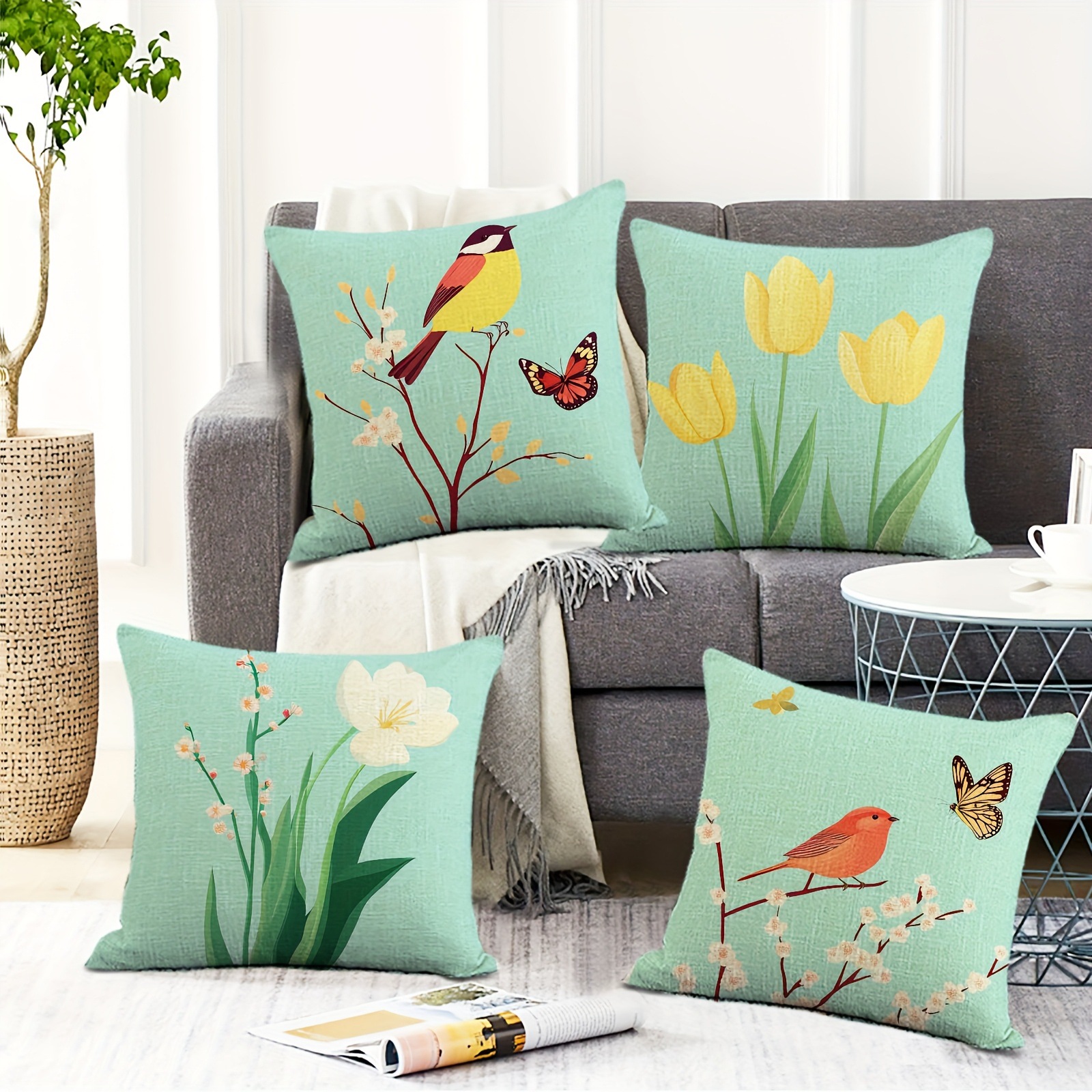 Y2JIT代发亚麻抱枕套Spring Green Plant Flower Bird Home D