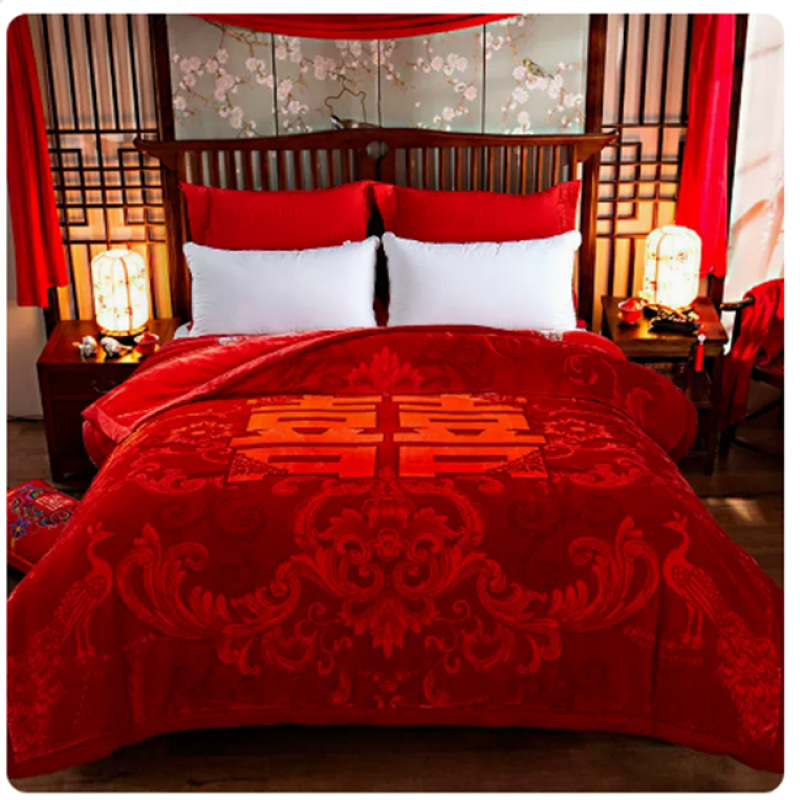 해피 워드 클라우드 담요 웨딩 담요 웨딩 빅 레드 담요 동반 웨딩 웨딩 해피 퀼트 더블 레이어 두꺼운 겨울 선물