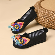 工春季绣花鞋国潮原创民族风成人虎头鞋复古平底民俗布鞋黑色平跟