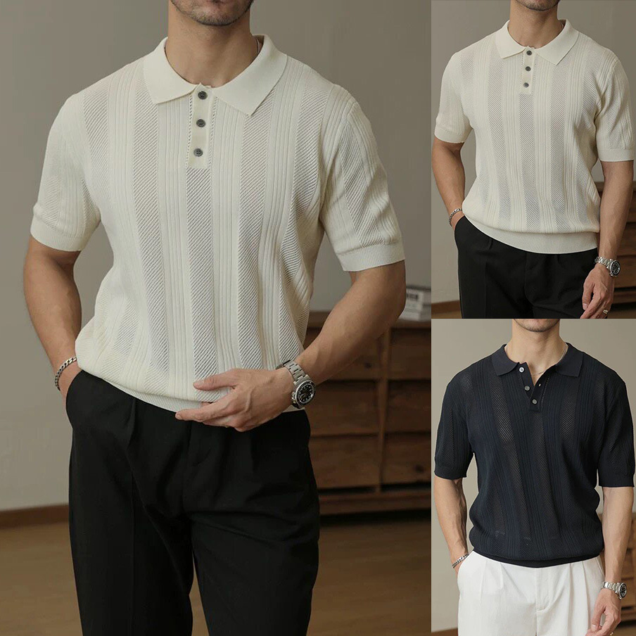 Polo camiseta de punto camiseta de manga corta hombre solapa rayas huecas viejas camisetas de negocios de verano fábrica transfronteriza al por mayor