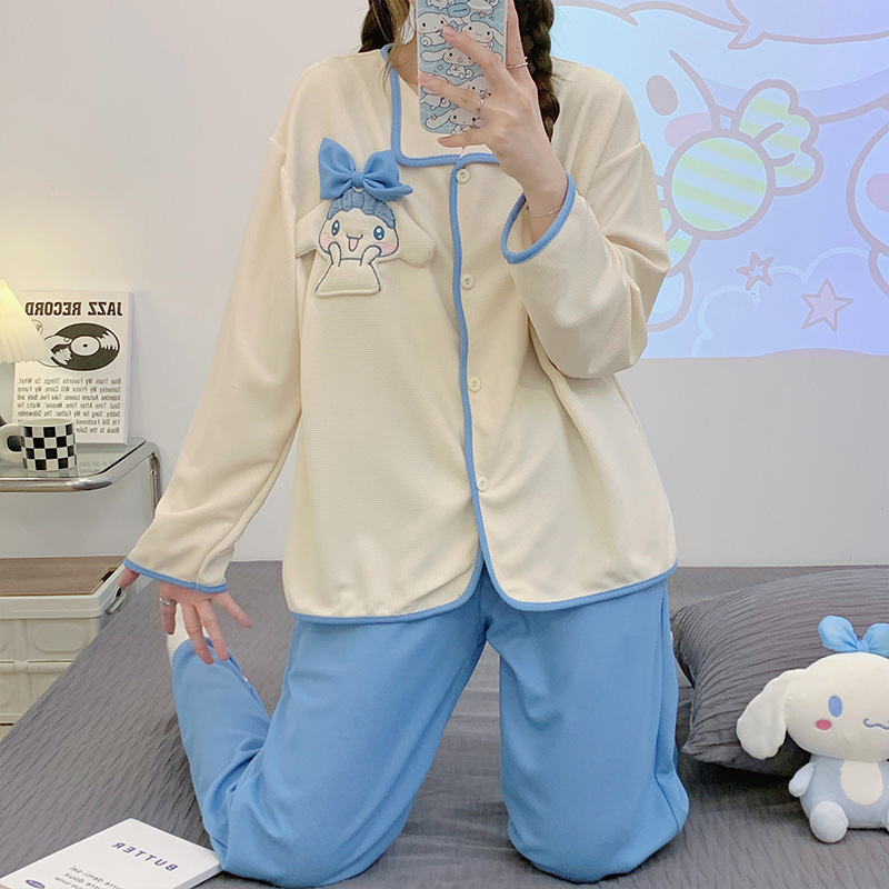 Más tamaño nuevo pijamas de las mujeres waffle algodón otoño y el invierno manga larga pequeña solapa cardigan linda chica traje hogar desgaste