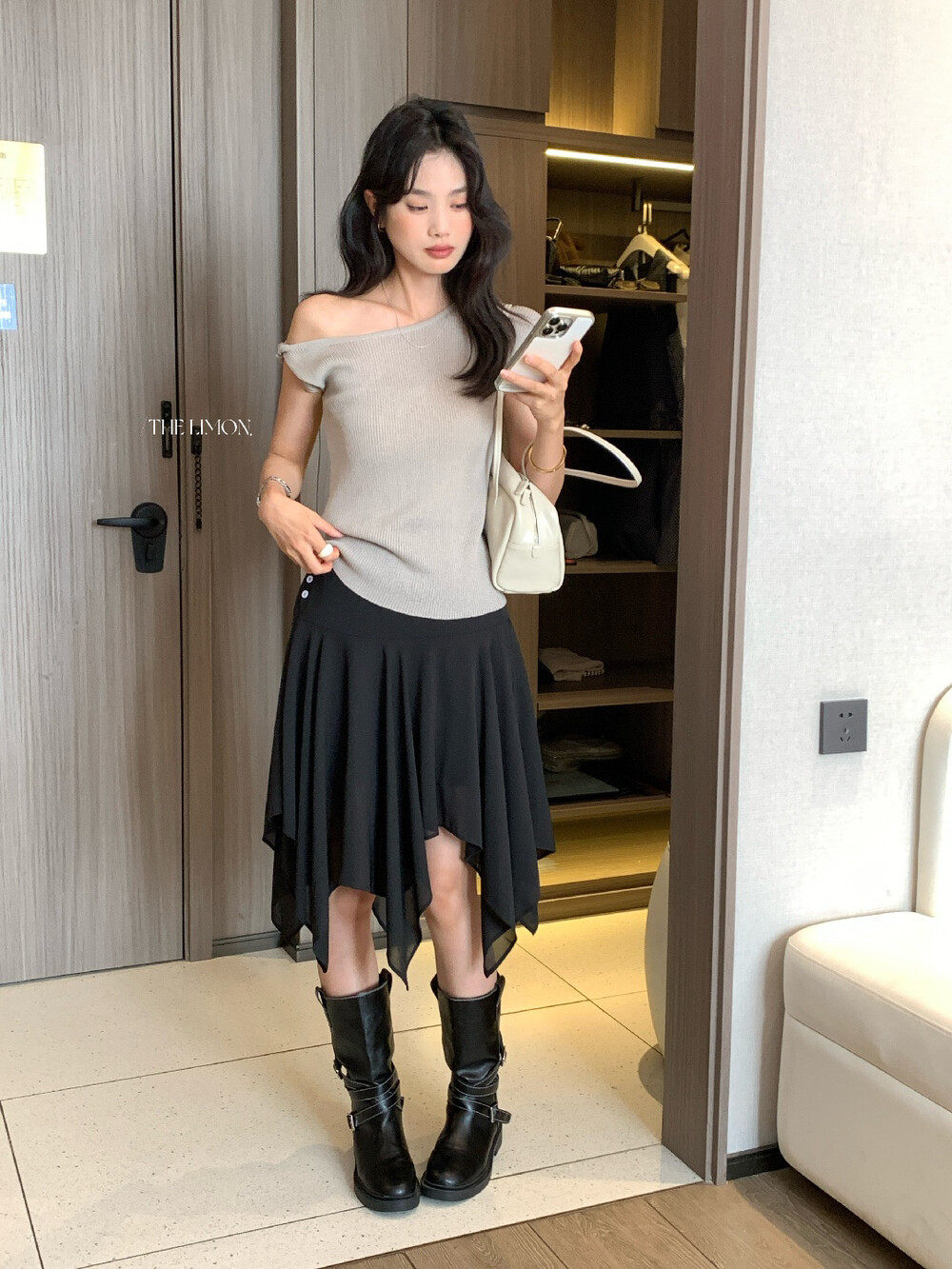 Áo len nữ cổ lọ tay dài phong cách Hàn Quốc, thiết kế vai lệch thắt nút, ôm nhẹ — Thẻ nông, Đậu nành, xám đậm, màu đen chi tiết 16