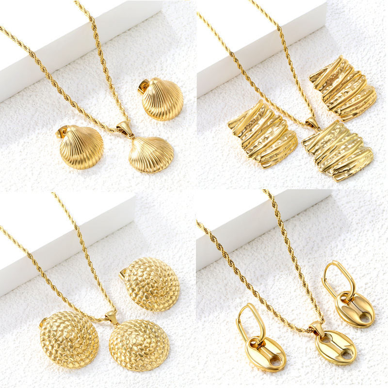 Cross-Border Hot Selling Ins Fashion Shell Necklace Stainless Steel Jewelry Set Women's Versatile High-End Earrings Jewelry Wholesale