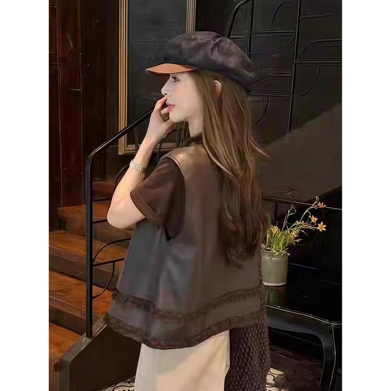 高级感木耳边圆领皮马甲女2025新款韩版时尚百搭宽松无袖背心马夹|undefined