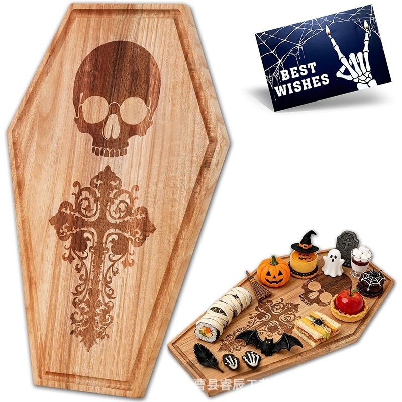 Cross-border Halloween wooden tray in skull shape, party decoration wooden plate, gothic style candy and snack solid wood serving plate Cross-border Halloween wooden tray in skull shape, party decoration wooden plate, gothic style candy and snack solid wood serving plate