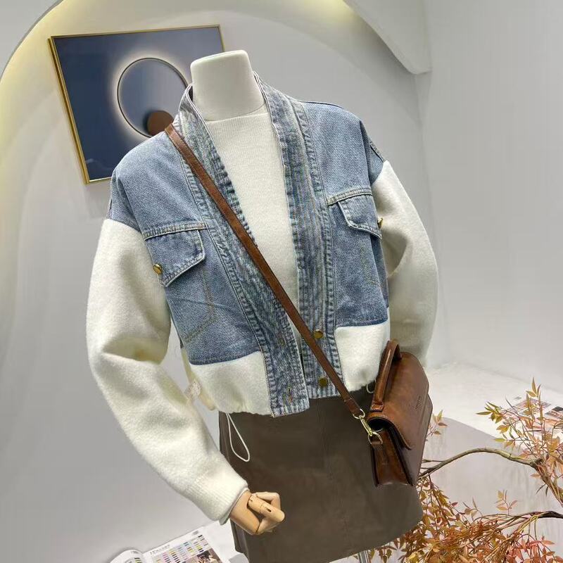 Short Spliced ​​Denim Knitted Double-Sided Woolen Cardigan 2025 Autumn and Winter New Korean Style Loose Elegant Sweater Jacket for Women