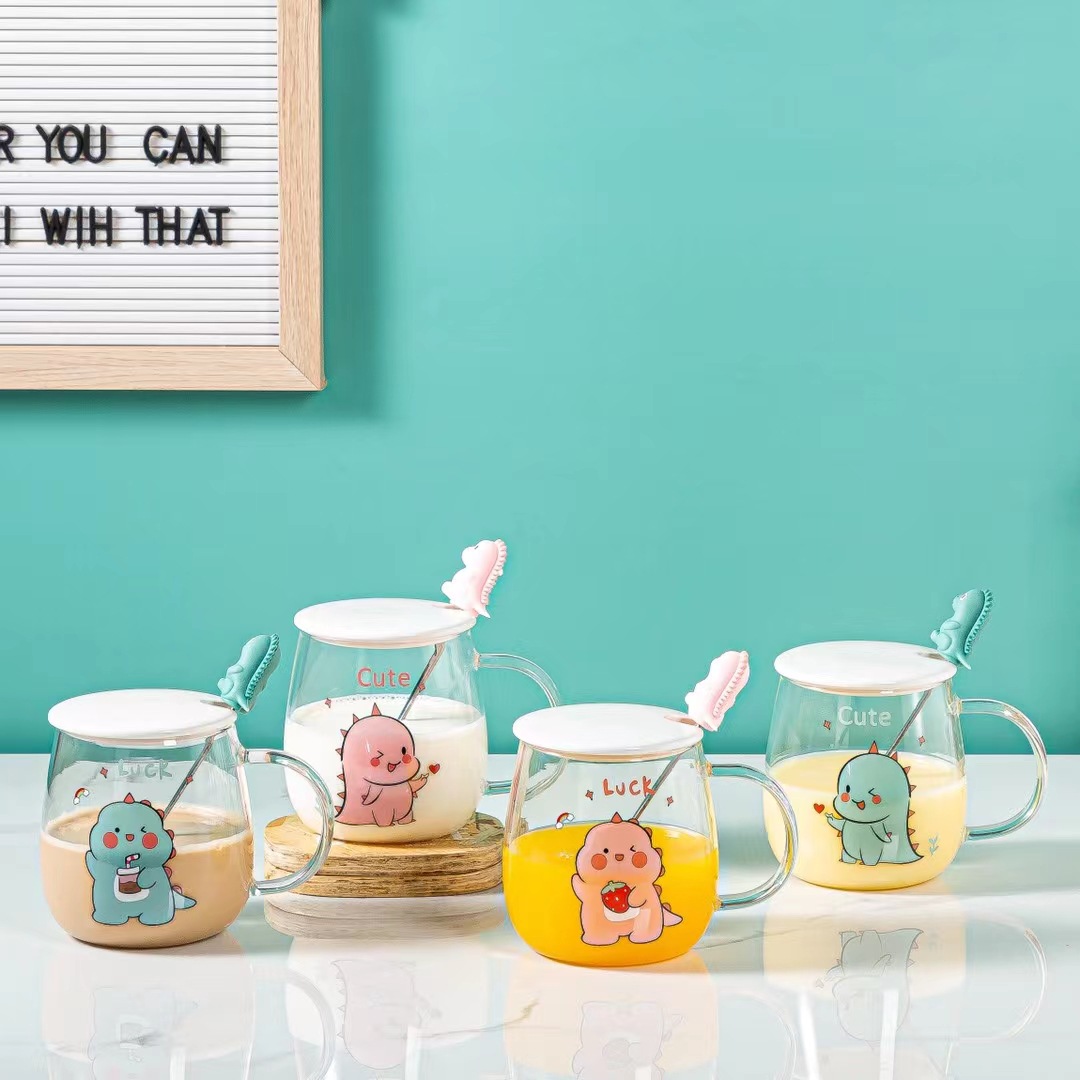 Lindo dinosaurio de dibujos animados taza de agua de cristal con tapa cuchara taza de regalo personalizado taza de jugo de Corea taza de café LOGO