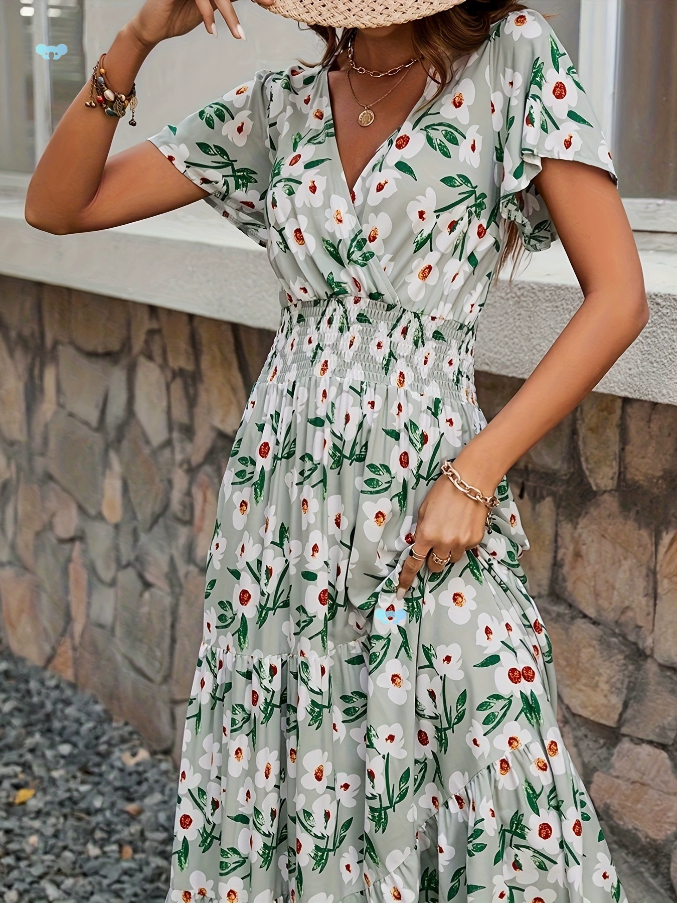 Платье макси с цветочным принтом и V-образным вырезом, макси-платье с цветочным принтом и V-образным вырезом, трансграничное