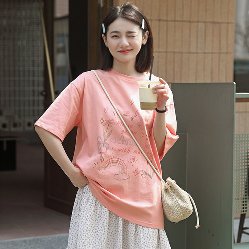 Royal Youthful Girl Cartoon Print Cotton Short-Sleeve T-Shirt for Women 2025 Spring Round Neck Tunic Top Fresh Style