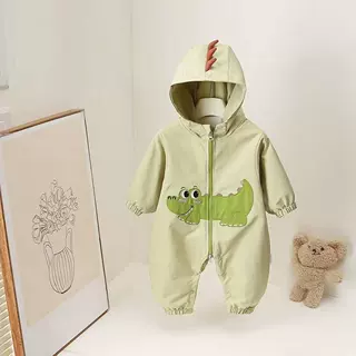 春秋外穿爬服婴儿绿色小鳄鱼连帽外出服小童可爱立体卡通连体哈衣