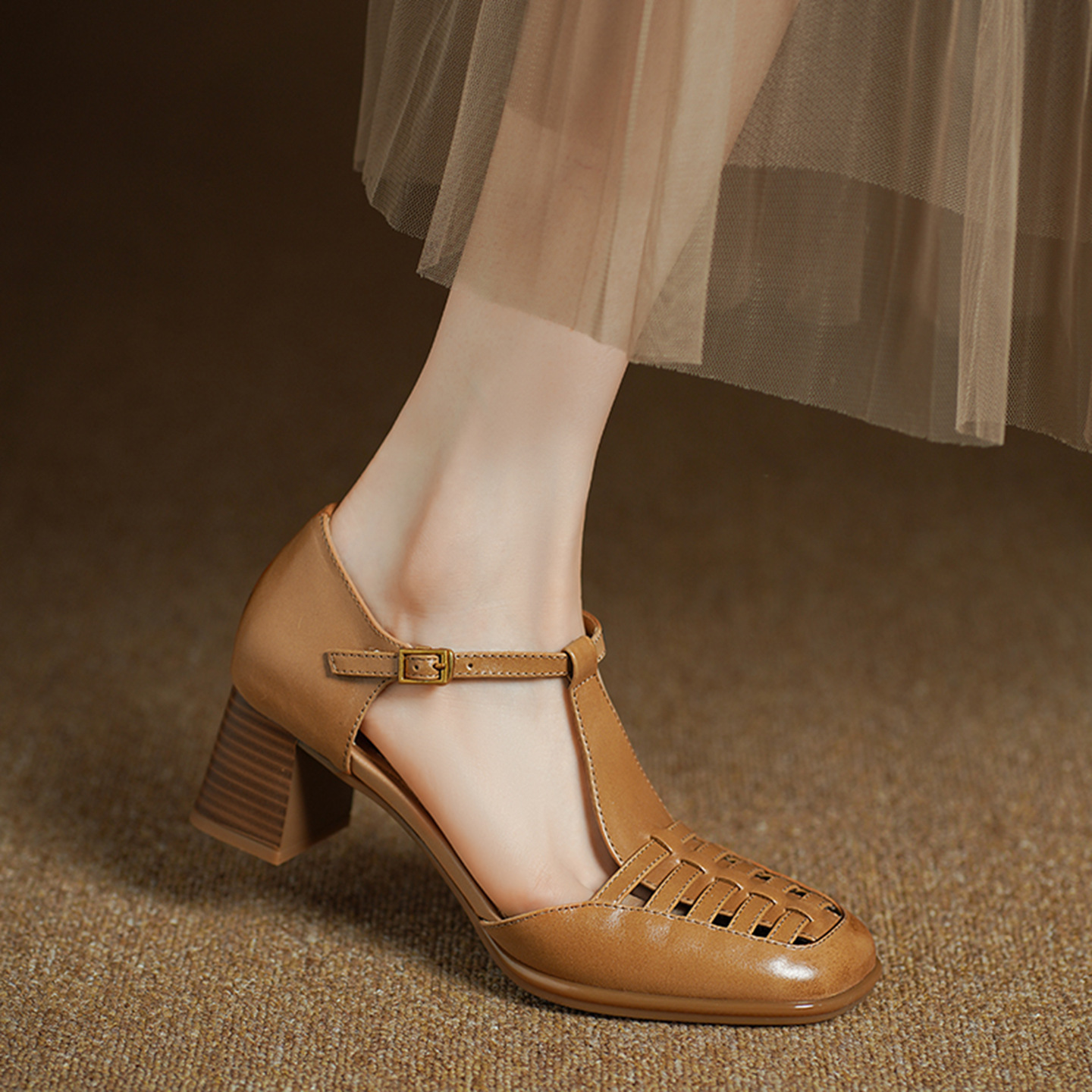 Sandal cao gót nữ mũi nhọn quai chữ T dệt hở gót, gót 5 cm — đen chi tiết 13