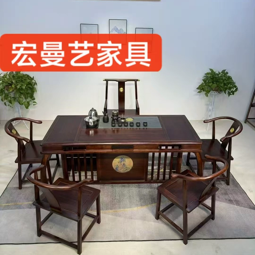 Новый чайный столик и стул из массива черного дерева в китайском стиле, комбинированный бытовой большой и маленький влажный чайный столик, офисный журнальный столик в стиле дзен