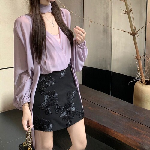 Purple Cross V-Neck Long-Sleeve Shirt + Slip Dress 2025 Spring Black Short Skirt Korean Style Fashion Set