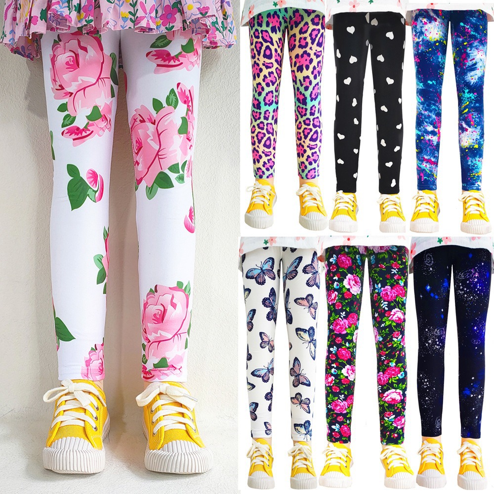 Children's Spring and Summer Thin Printed Milk Silk Brushed Outer Elastic Leggings