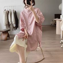 棉质衬衫女夏季新款宽松显瘦中袖简约小众设计感半高领中长款上衣