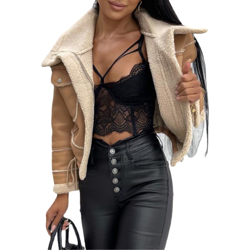 European and American Export Autumn and Winter Outwears New Lamb Wool Short Outwear Zipper Motorcycle Style Jacket Tops for Women Su3120