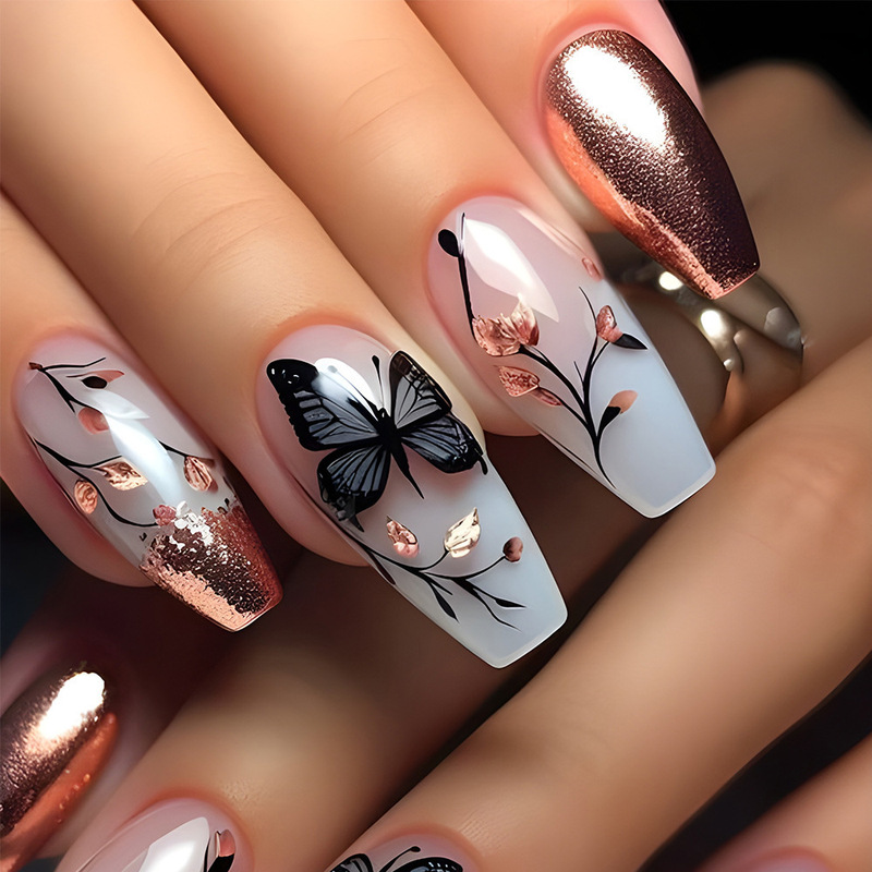 Manicure Long Ballet Style Nails Rose Gold Glitter French Fake Nail Patches Cross-Border Hot Selling Butterfly Wearable Nails