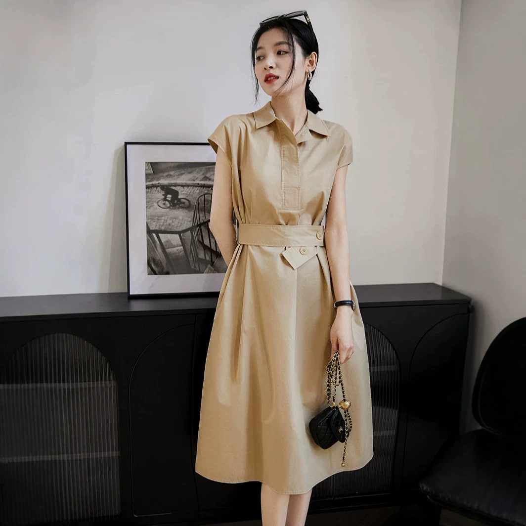 Đầm suông midi cổ polo tay ngắn phong cách Pháp — đen chi tiết 3