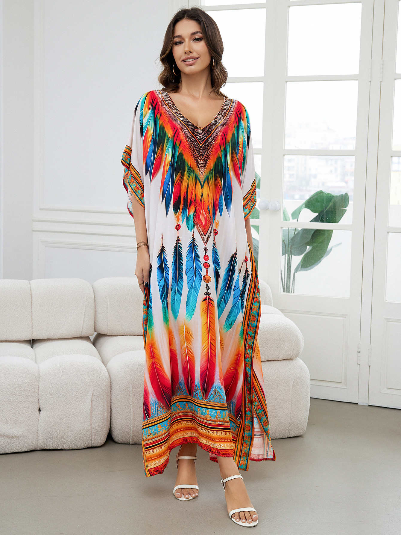 Rochie de plajă lungă kimono dama boho viscoză tie-dye_voghion.com