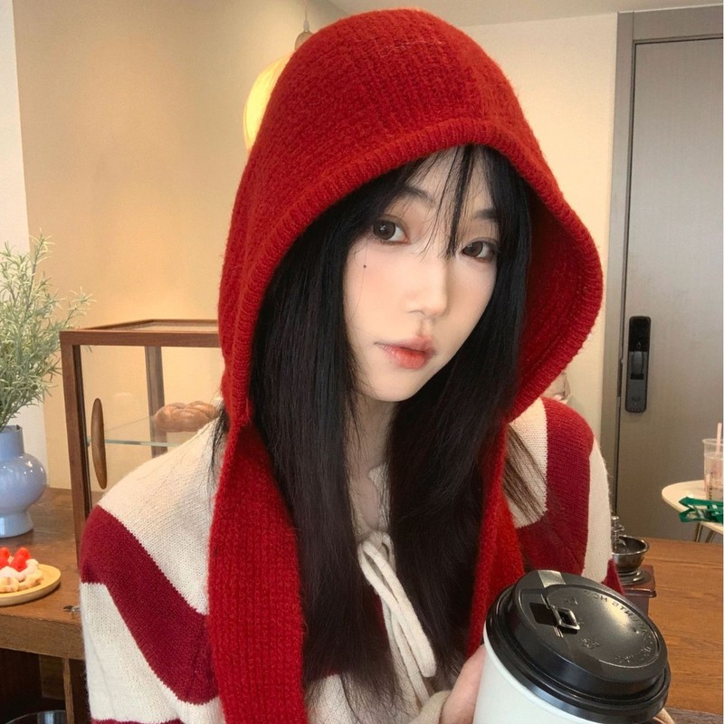 红色巴拉克拉法帽女秋冬保暖毛线帽子围巾一体连帽围脖针织套头帽|undefined