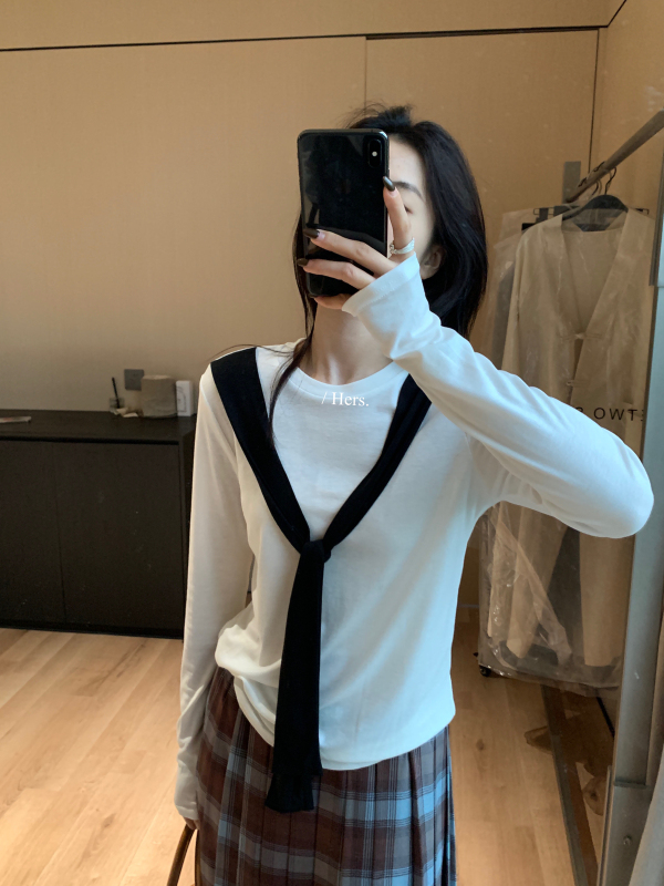 Hers一勺甜秋季韩系简约风修身显瘦设计感披肩绑带长袖T恤女92327|undefined