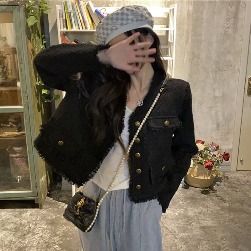 Короткая осенняя куртка, стиль Chanel, корейское V-облегчение, оверсайз ретро черный длинный рукав