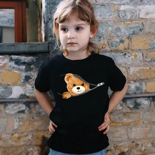 International Trade Cross-Border INS Girl Cartoon Bear Print Pattern Crew Neck Short Sleeve T-Shirt Children's Summer Wear Suitable for 1-8 Years Old