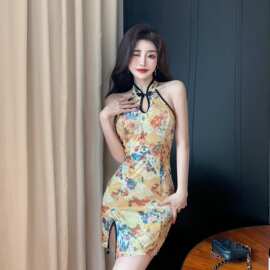 复古少女印花改良旗袍夏季新款性感无袖修身短款开叉包臀连衣裙女