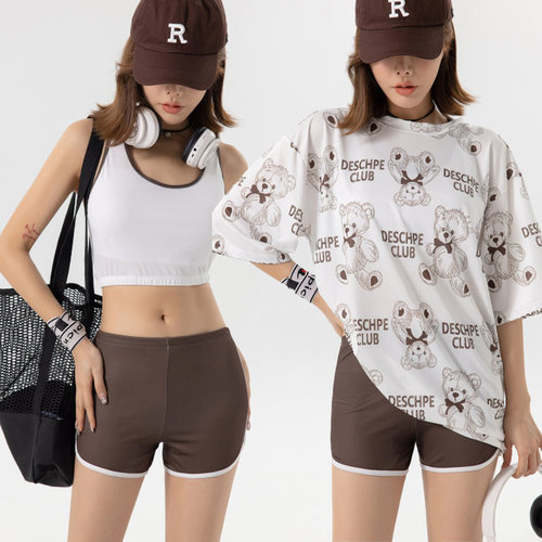 2025 three-piece set sporty casual bear print cartoon cute student Korean style short-sleeve hot spring swimsuit for women