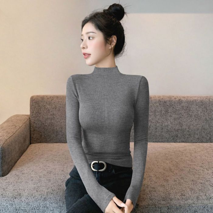 2025年秋冬新款紧身半高领长袖洋气t恤女打底衫内搭加绒中领上衣|undefined