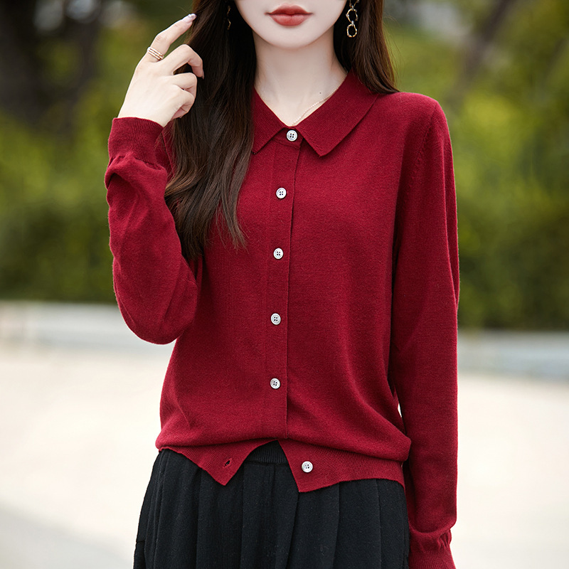 polo领女长袖针织开衫灰色衬衣时尚保暖打底上衣2025新款精纺毛衫|undefined