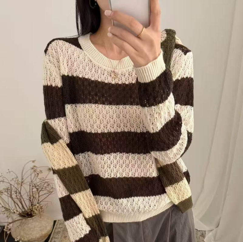 Autumn Clothing 2026 New Spring and Autumn Hollow Striped Knit Sweater for Women, Loose, Casual, Slimming, Versatile, Thin Sweater Top