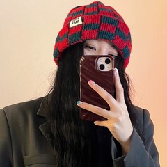 棋盘格针织帽女秋冬季新款韩版小众大头围毛线帽显脸小保暖帽批发