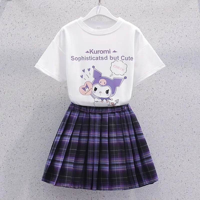 子供服の女の子の夏服の学院の新型の子供の洋風の中で大きい子供のスーツのスカートの夏の半袖のtシャツの2つのセット|undefined