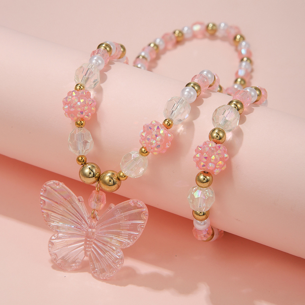 Sweet Butterfly Arylic Beaded Kidu0027S Bracelets Necklace 2 Piece Set
