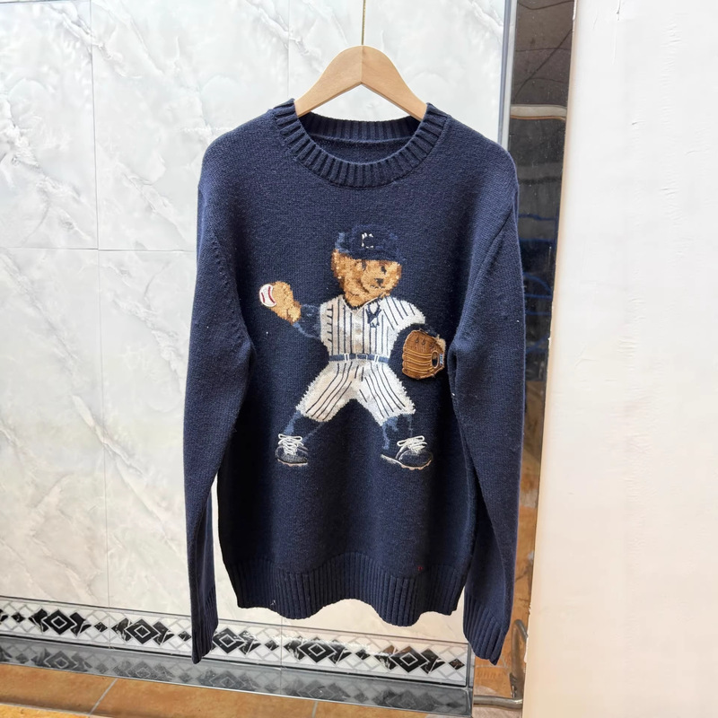 American Football Bear Jacquard Knit Sweater Unisex Autumn Winter Navy Blue Loose Fit Couple Wool Top American Football Bear Jacquard Knit Sweater Unisex Autumn Winter Navy Blue Loose Fit Couple Wool Top