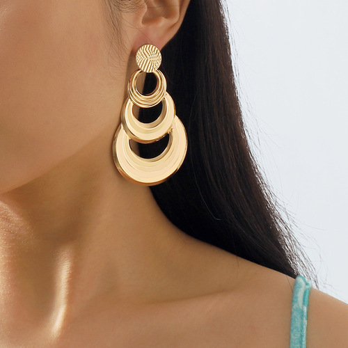 11505 European and American style exaggerated multi-layered round pendant earrings, retro geometric hollow splicing design earrings
