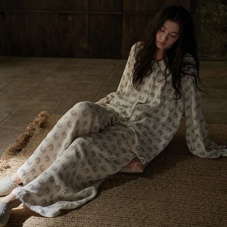 Spring and Autum Pajamas Women's Woven Cotton Pajamas 100 Cotton Long-Sleeved Suit Cartoon Cute Home Clothes in Stock