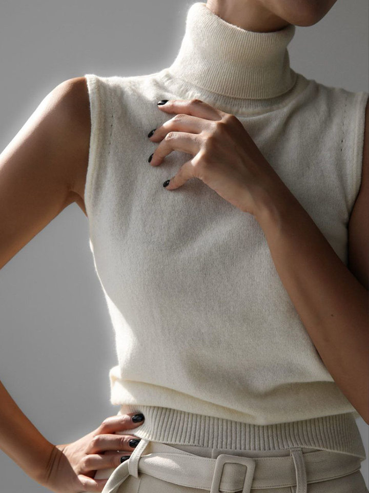 Bộ áo len dệt kim nữ cổ cao không tay kèm áo cardigan dáng suông — Áo vest màu nâu, Áo vest màu xám đậm, áo vest màu vàng, áo vest màu xanh chi tiết 62