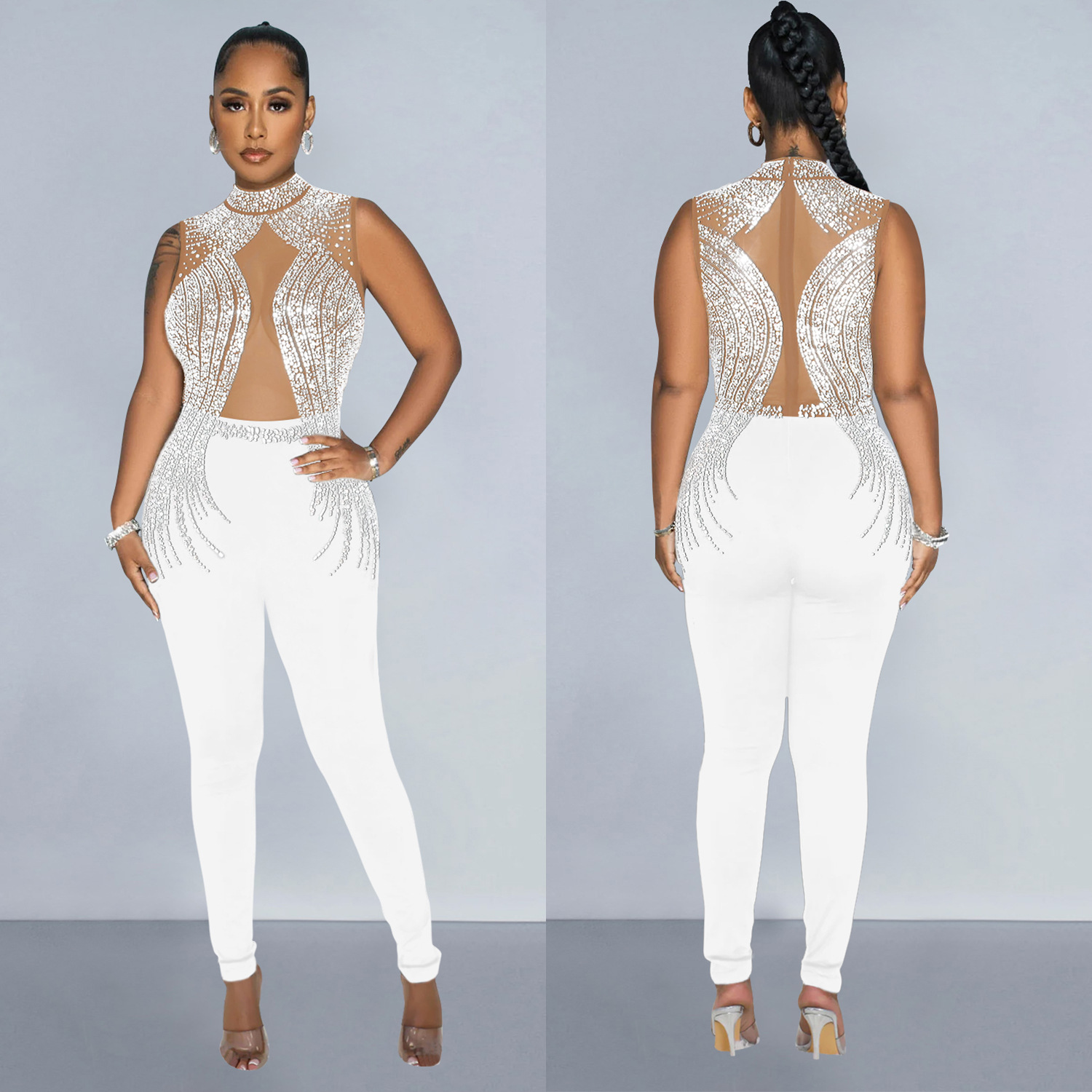 C6931 Aliexpress transfronterizo Amazon Europa y América ropa de moda de mujer de color sólido malla de diamante pantalones sin mangas