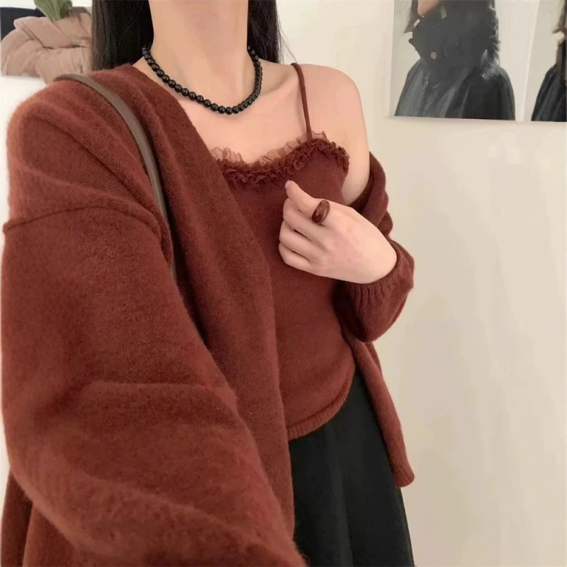 YS韩版休闲纯色蕾丝边吊带背心针织开衫外套显瘦慵懒风毛衣两件套|undefined