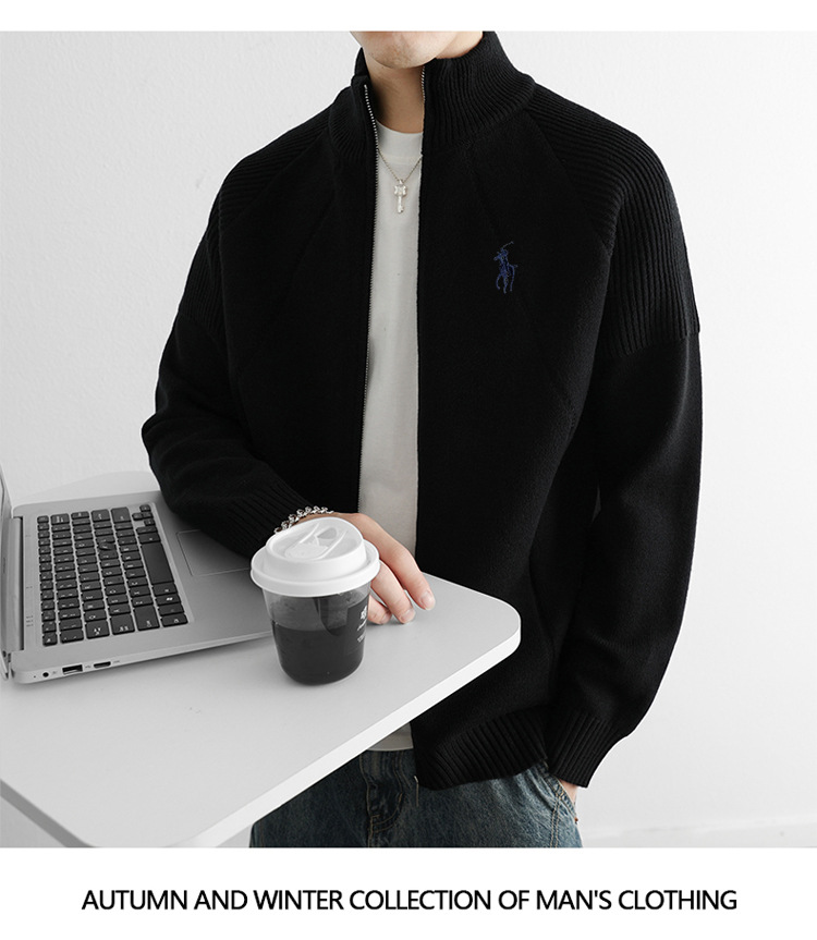 Gilet cardigan homme à double fermeture éclair, logo équitation tendance, col montant, maille haut de gamme, style business_voghion.com
