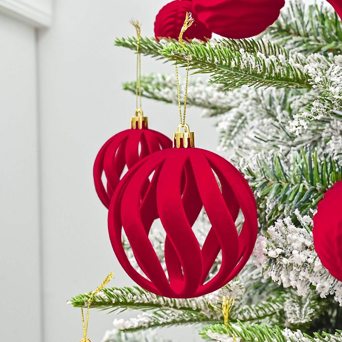 Transfronterizos para 36 bolas de navidad de floquete de forma especial, bolas de tela pintadas rojas, colgantes decorativos para árboles de navidad