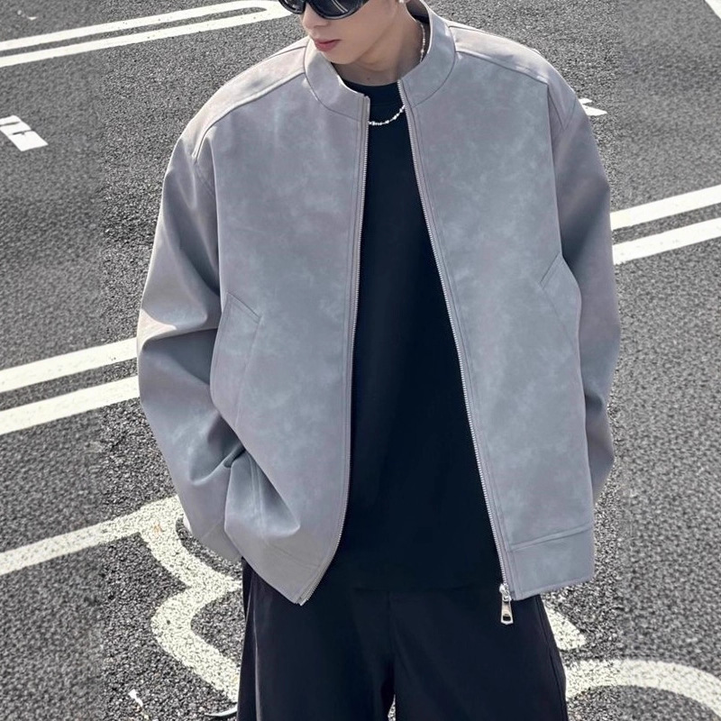 Chaqueta de cuero de pu de hombre de otoño chaqueta de niebla de cuello de béisbol entrenador de calle chaqueta de cuello de moda masculina