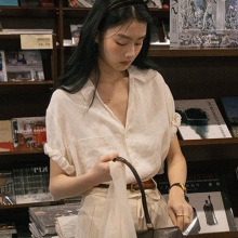 复古松弛感宽松古巴领亚麻圆点提花苞短袖衬衫设计感气质上衣女夏