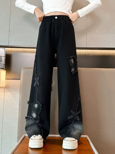 Girls' Jeans American Washed Black Tie-Dye Butterfly Patch Autum 2025 New Loose Straight Wide-Leg Pants