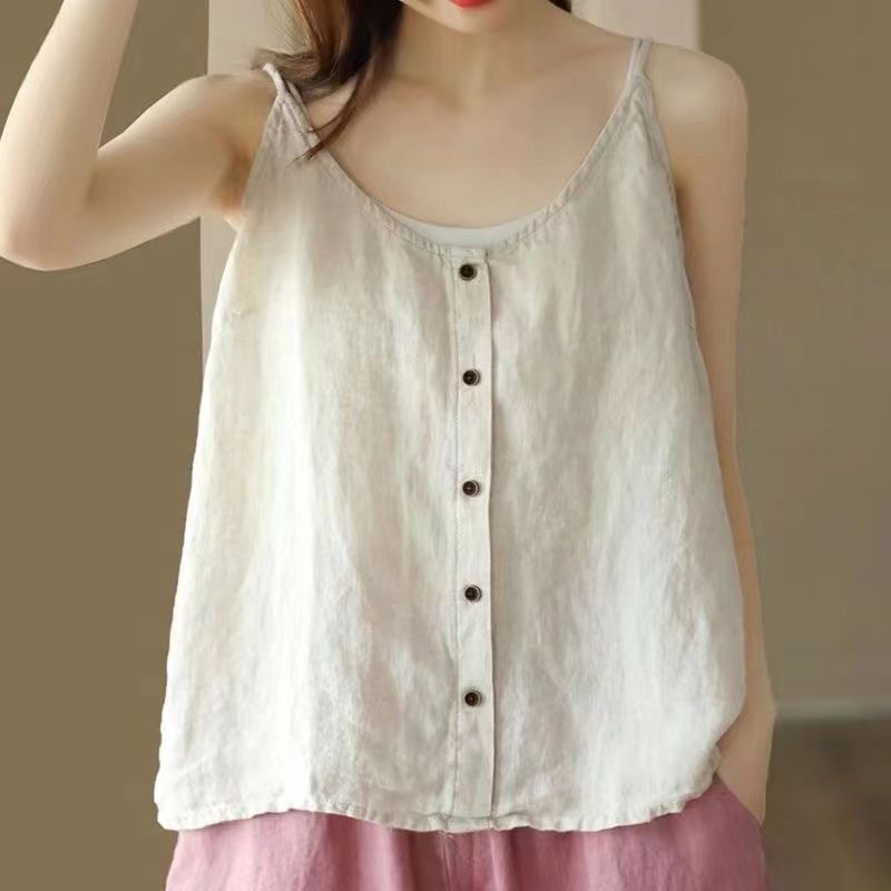 Pure Linen Camisole 2024 Summer New Vintage Artistic Top Versatile Loose Base Layer