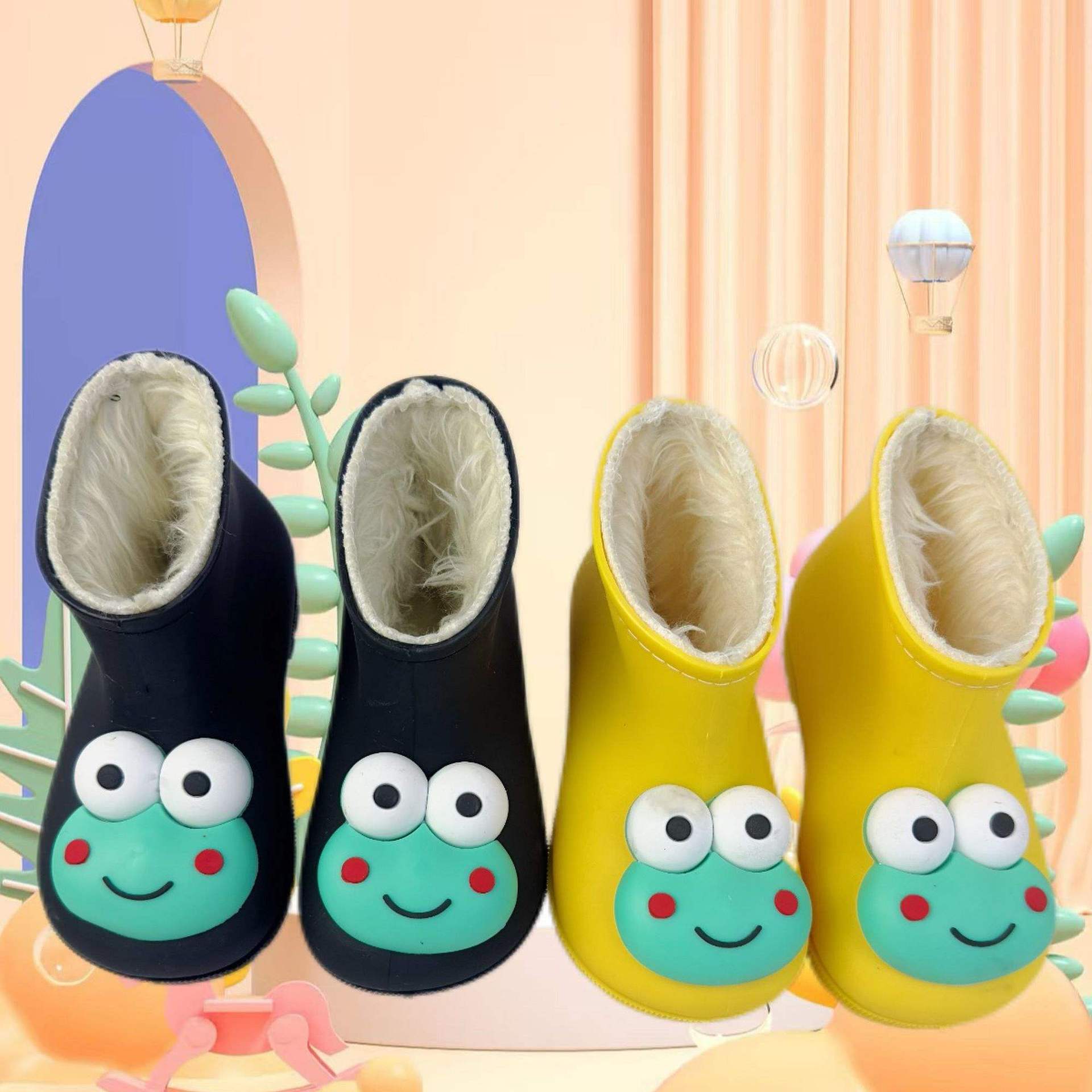 Children's Rain Boots 1-3 Years Old Baby Super Small Size Warm Plus Cotton Anti-Slip Water Shoes Short Tube Men and Women Cute Cartoon Warm