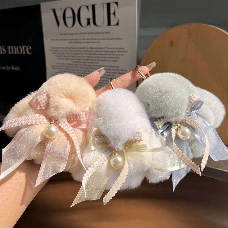 Cute conejo real peludo arco perla pequeño conejo llavero de coche colgante muñeca de peluche bolsas colgante